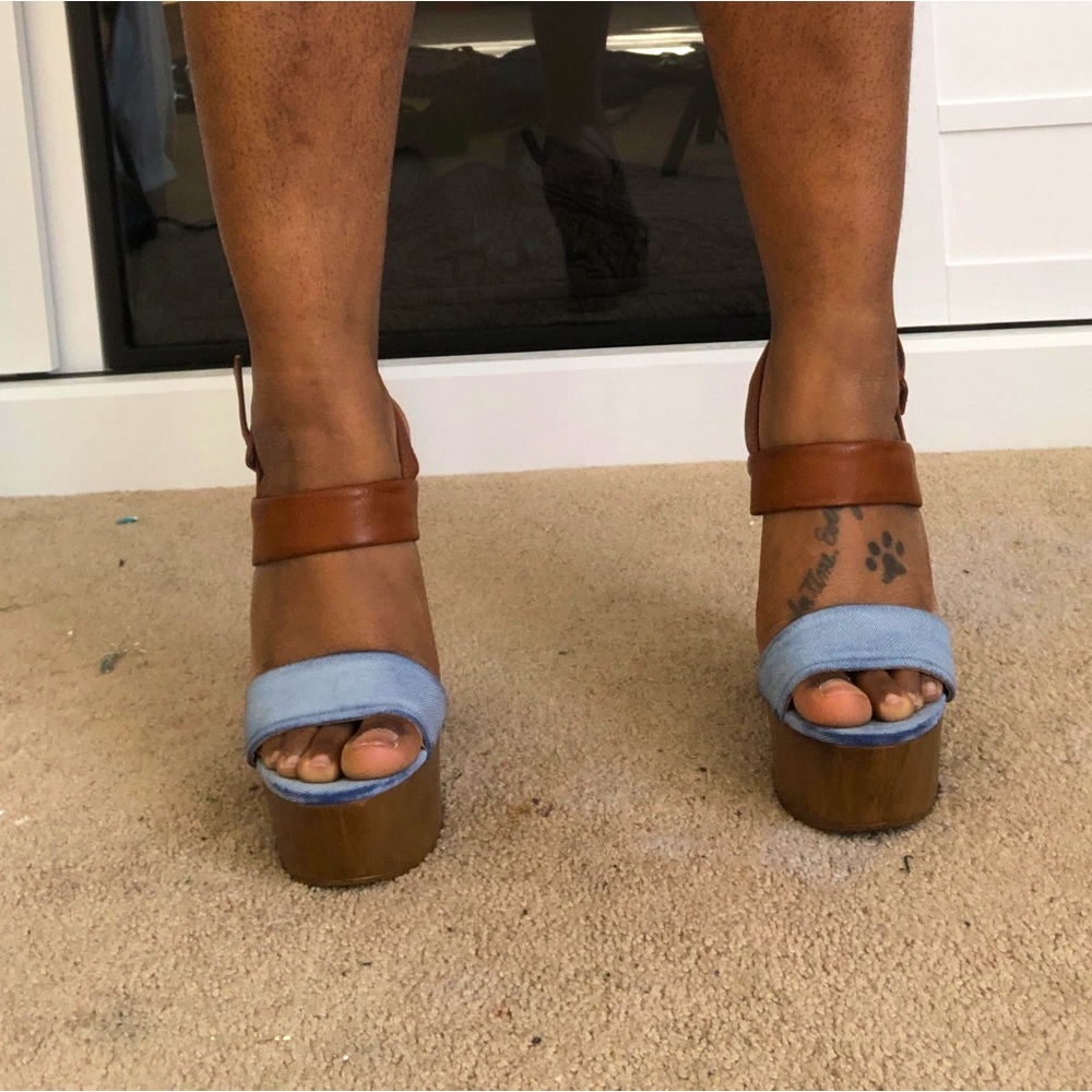 Worn once leather and denim platform heels